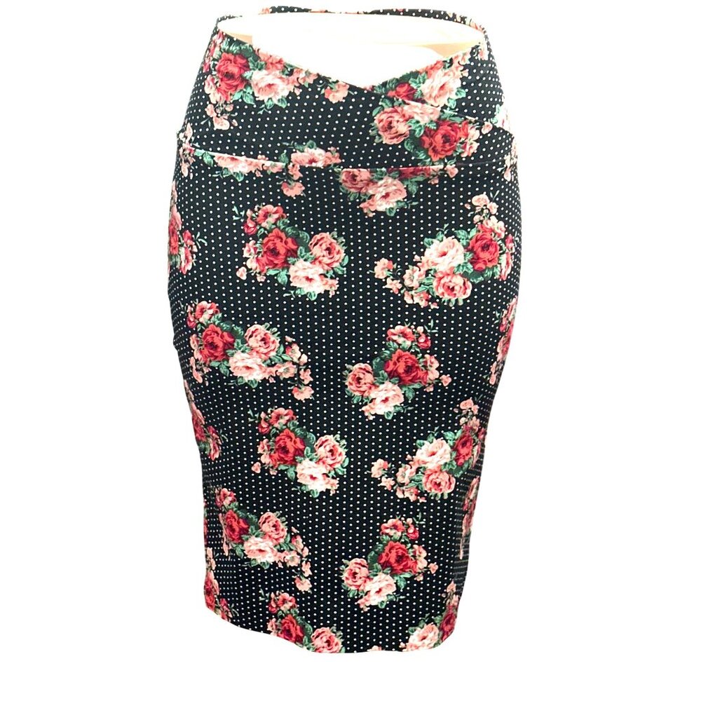 ABN Floral Pencil Skirt M Black White Dot High Waist Stretchy Retro Made USA